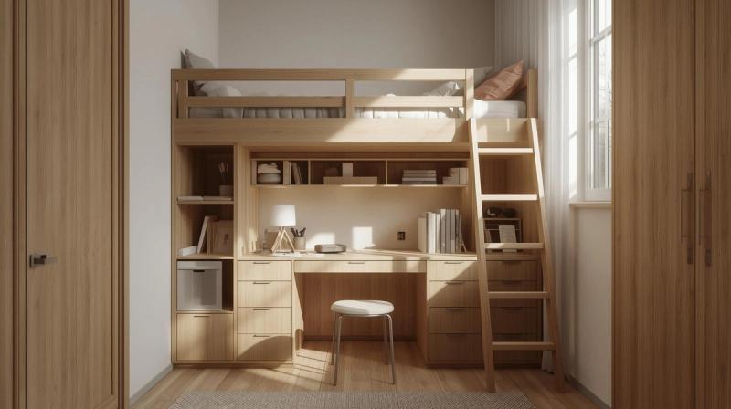 A photorealistic small bedroom corner with a loft bed and desk underneath, natural light, eye-level functional shot, neutral palette with wood accents, organized and modern mood, high-resolution 4K, 16:9 aspect ratio, clean lines and storage details.