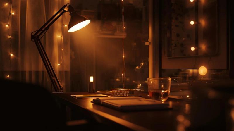 A photorealistic workspace nook with a floor lamp, desk light, and string lights, soft evening glow, close-up focused, warm amber palette, intimate and relaxed mood, high-resolution 4K, 16:9 aspect ratio, beam and shadow details.