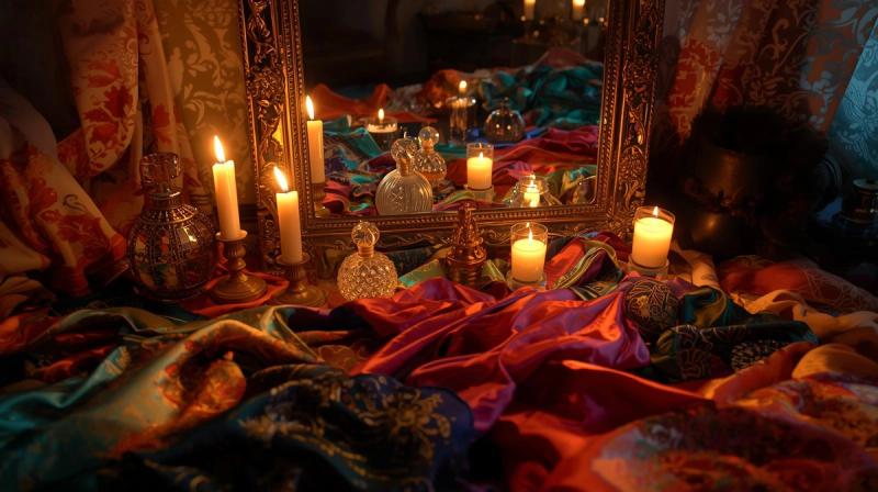 A photorealistic bohemian bedroom vanity with vintage mirror, colorful scarves, and crystal bottles, candlelit ambiance, eye-level shot with dynamic angles, palette of jewel tones and metallics, enchanting and personal mood, high-resolution 4K, 16:9 aspect ratio, reflective glass and fabric folds.