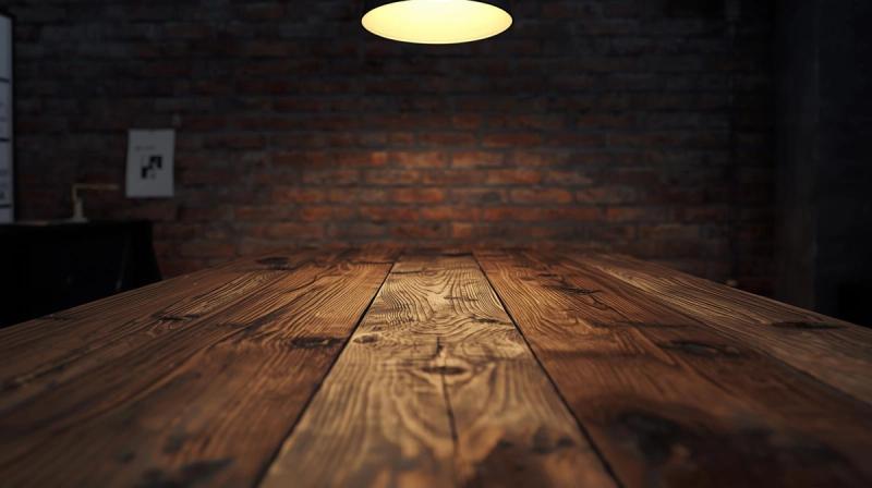 A photorealistic industrial workspace with reclaimed wood desk, pendant lamp, and brick backdrop, focused task lighting, close-up perspective, palette of warm woods, metals, and earth tones, productive and rugged mood, high-resolution 4K, 16:9 aspect ratio, visible wood knots and lamp glow.