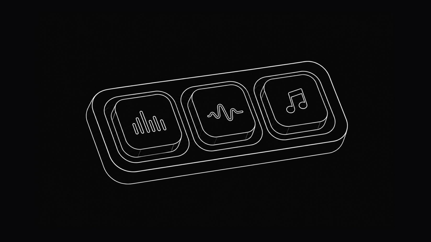 “Futuristic 3D isometric music UI with glowing blue outline buttons showing audio controls