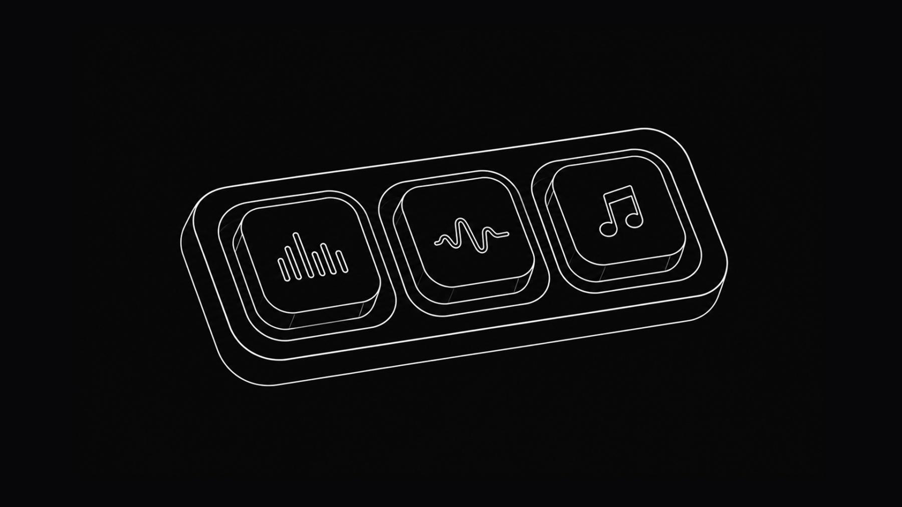 “Futuristic 3D isometric music UI with glowing blue outline buttons showing audio controls