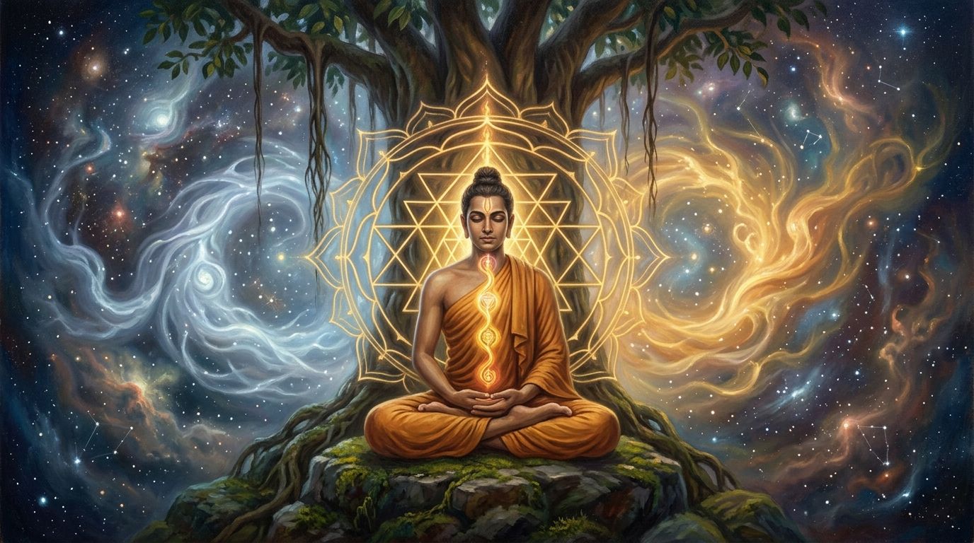 Authentic Tantra Yoga wisdom depicted with a meditating yogi in Padmasana, luminous Sri Yantra, and cosmic union of Shiva and Shakti.