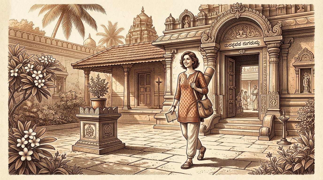 Solo female yoga traveler with rolled yoga mat arriving safely at traditional Mysore ashram shala - Samyut Yoga