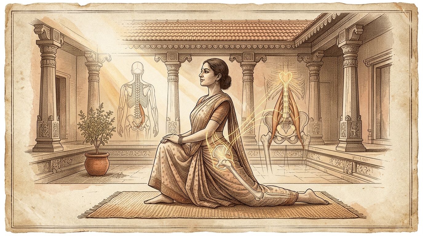 Yogini practicing somatic pelvic opening Anjaneyasana with classical Ayurvedic iliopsoas anatomical diagrams and prana pathways - Samyut Yoga