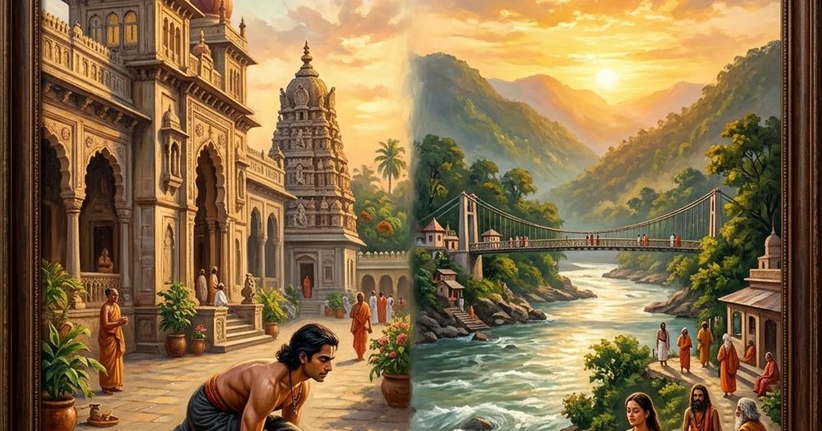 A premium oil painting comparing Mysore and Rishikesh yoga training, showing a serene traditional stone palace temple in Mysore on the left and the river Ganges with green Himalayan hills in Rishikesh on the right.