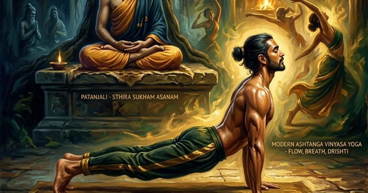 A premium oil painting representing the differences between classical Ashtanga Yoga and modern Ashtanga Vinyasa Yoga, with a meditating yogi in the background and a flowing yogi in the foreground.