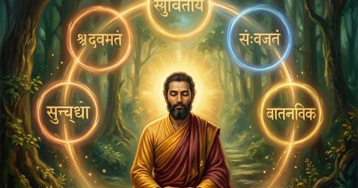 A mystical oil painting representing the five pillars of Vedanta Yoga, showing a serene meditating yogi surrounded by five glowing rings of light with Sanskrit scripts.