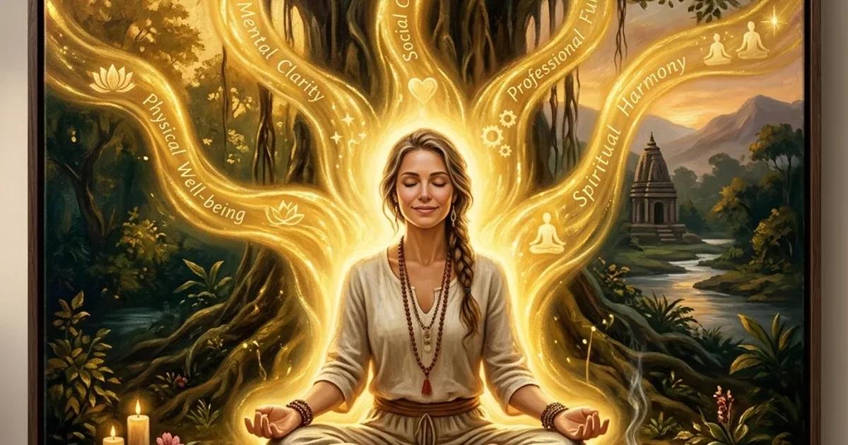 A premium oil painting representing the five dimensions of a happy life, showing a serene meditating yoga teacher surrounded by five flowing golden streams of light.