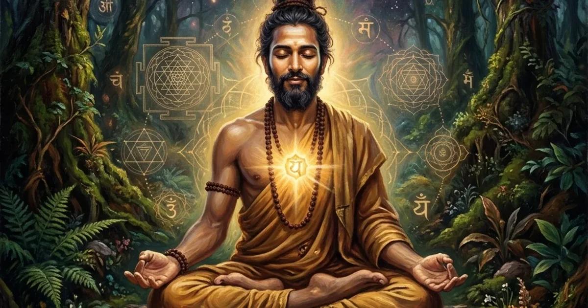 A detailed oil painting of a meditating yogi with subtle glowing sacred geometry, representing the inner science of Tantra Yoga.