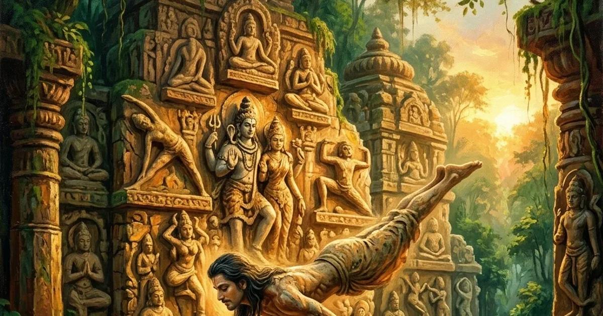 A premium oil painting representing the origin of yoga asanas, showing ancient temple sculptures lit by a sunrise and a yogi doing Mayurasana.