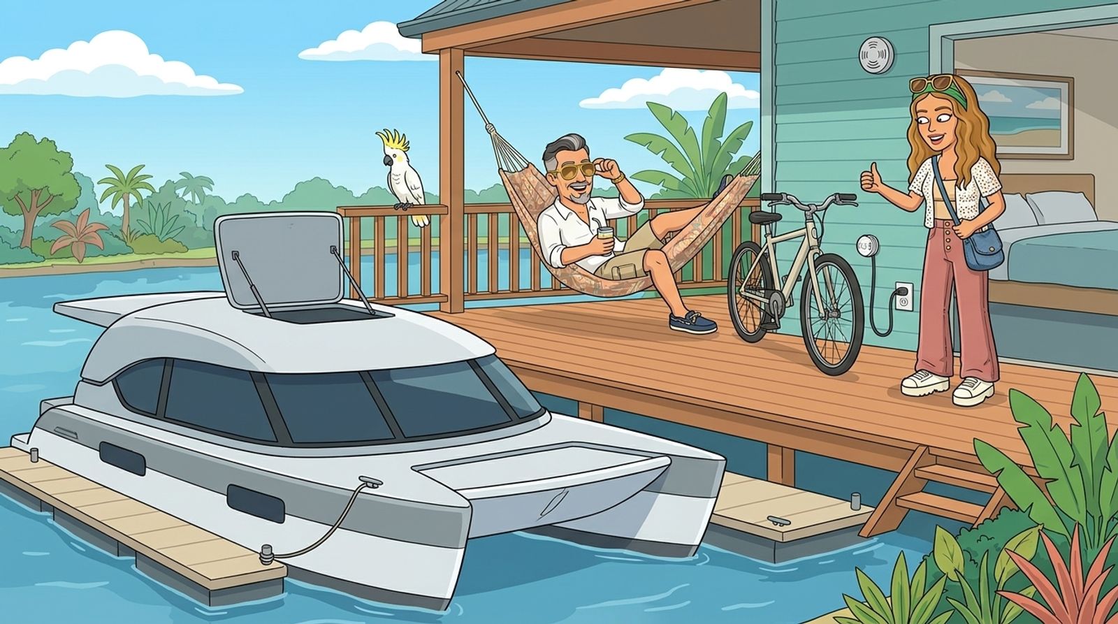DJ, a cartoon woman with long wavy honey-blonde hair, a green headband and gold aviators, gives a thumbs up to an e-bike charging on the verandah of a waterfront house, well away from the bed inside, while Jason relaxes in a hammock with a cold drink and the Cat Cruiser catamaran is moored at the pontoon below