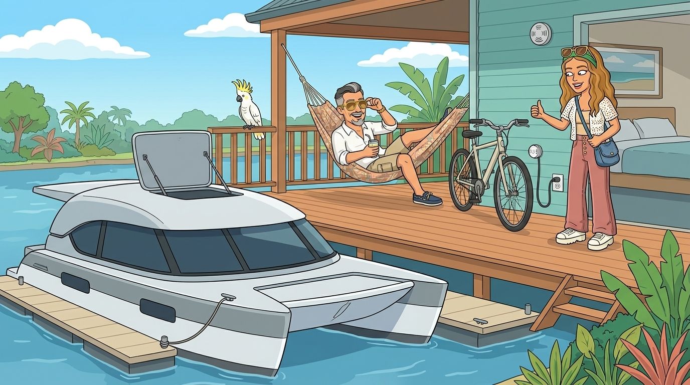 DJ, a cartoon woman with long wavy honey-blonde hair, a green headband and gold aviators, gives a thumbs up to an e-bike charging on the verandah of a waterfront house, well away from the bed inside, while Jason relaxes in a hammock with a cold drink and the Cat Cruiser catamaran is moored at the pontoon below