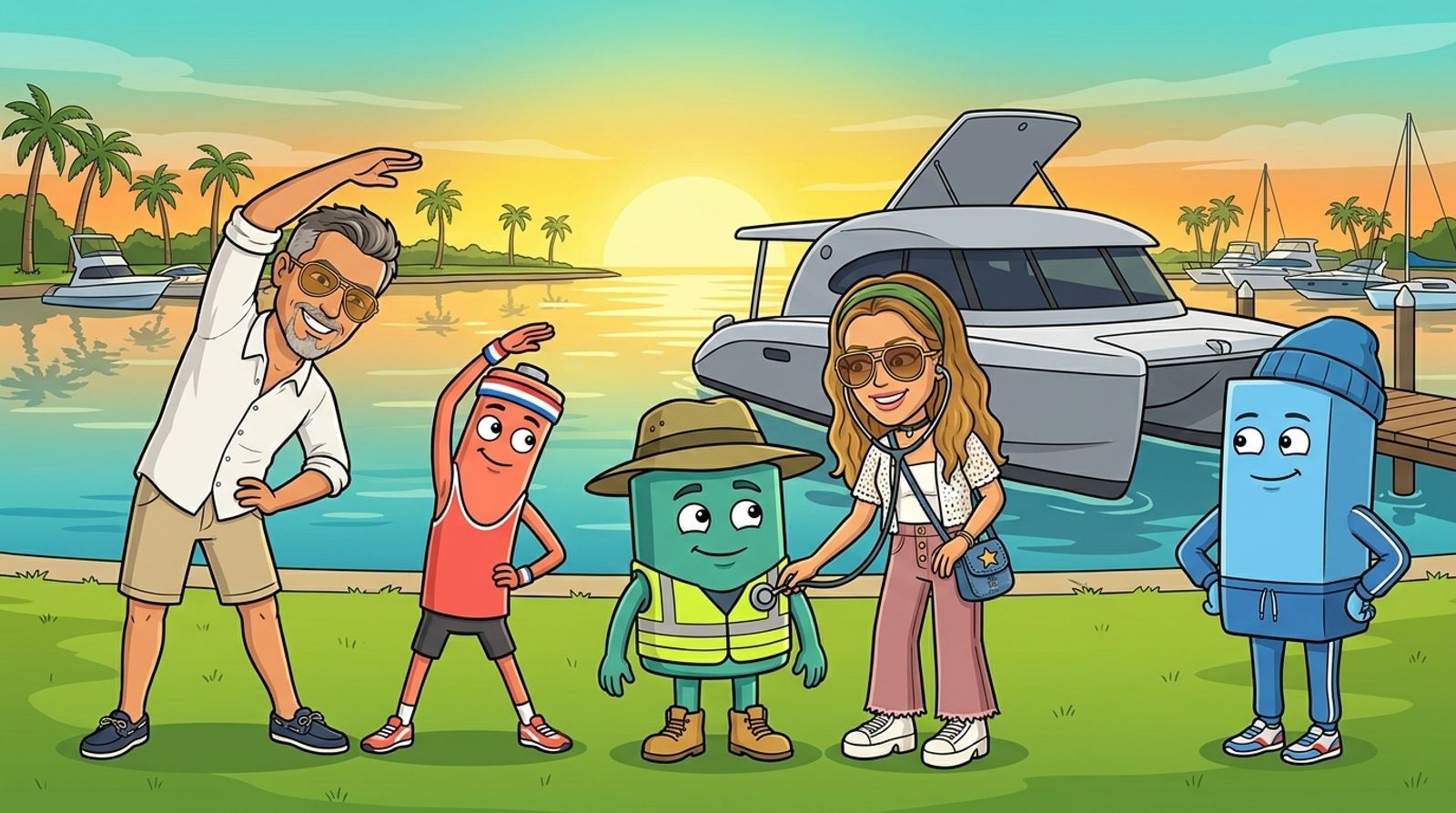 At sunrise in a waterfront park, Jason, a cartoon man with slicked-back dark hair, a grey goatee and gold aviators in a white linen shirt leads a stretching class for the three battery characters while DJ checks the sea-green battery's heartbeat with a stethoscope, with the grey-and-white Cat Cruiser catamaran moored at the jetty behind
