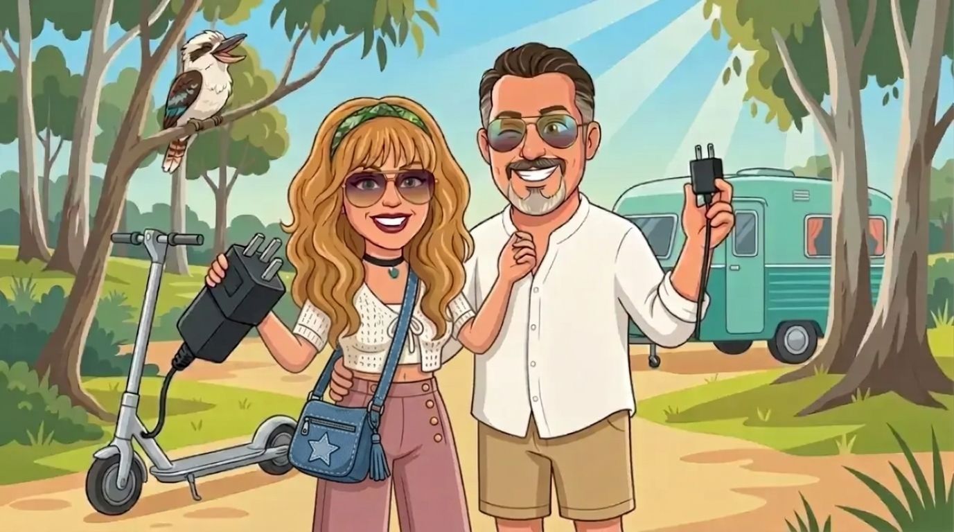 Jason, a cartoon man with slicked-back dark hair, grey goatee and gold aviators in a white linen shirt, winking and holding up the right charger at a bush caravan park while DJ, a cartoon woman with long wavy honey-blonde hair, a green bandana and aviator sunglasses in a white crochet cardigan and dusty-pink jeans brandishes a chunky mismatched charger next to an e-scooter, with a kookaburra laughing from a gum tree