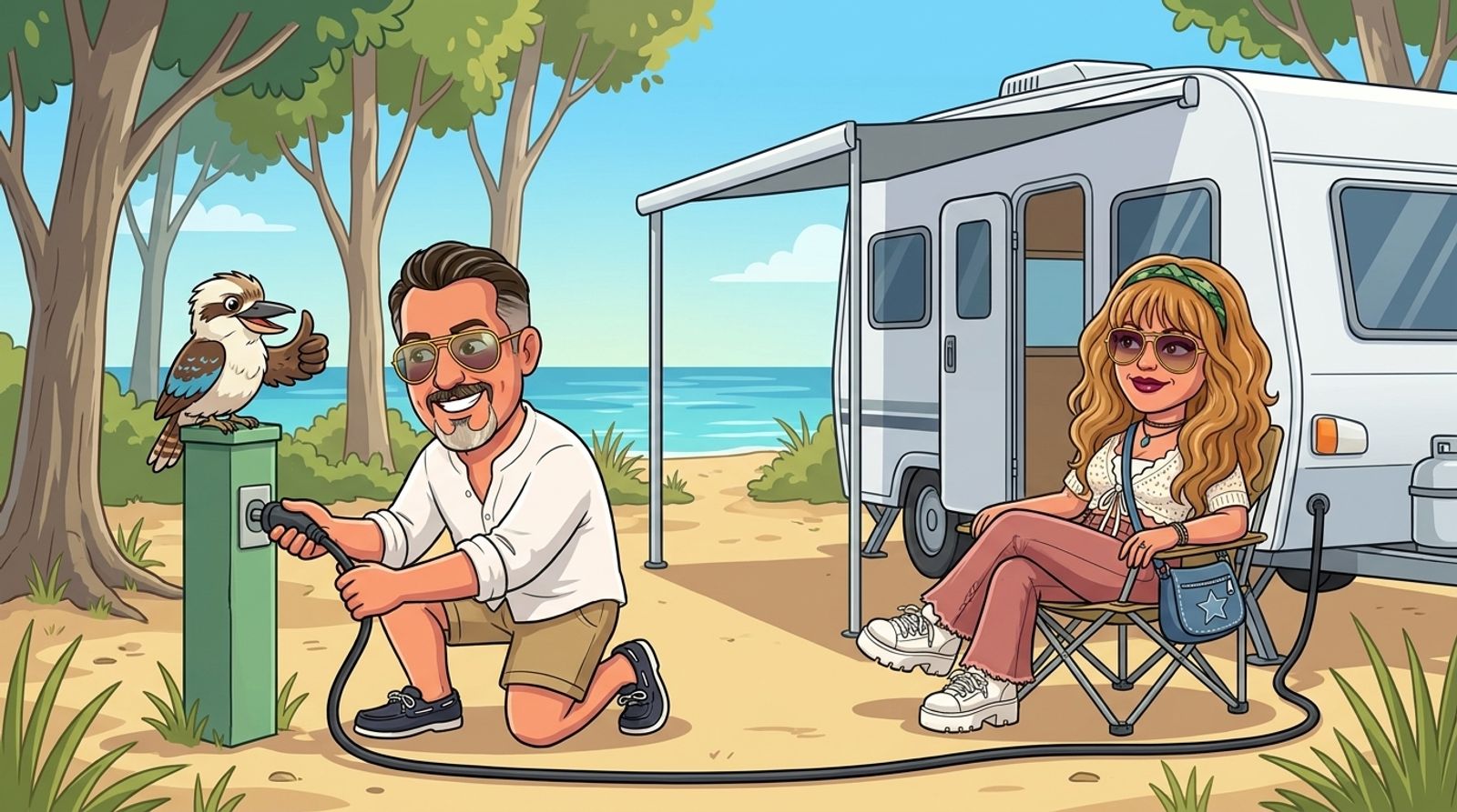 Cartoon of Jason plugging a white caravan into a green power post at a leafy beachside caravan park while his co-host DJ relaxes in a camp chair under the awning and a kookaburra gives a thumbs-up