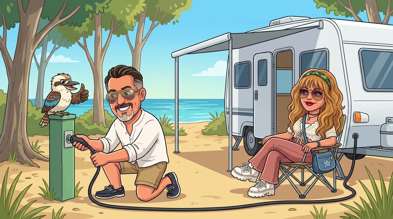 Cartoon of Jason plugging a white caravan into a green power post at a leafy beachside caravan park while his co-host DJ relaxes in a camp chair under the awning and a kookaburra gives a thumbs-up