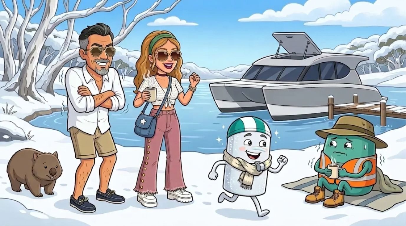 Beside a snowy alpine lake, the salt-white battery in a woolly scarf jogs happily while a sturdy sea-green battery in a hi-vis vest and bush hat shivers in a blanket with a hot mug, DJ cheers and Jason shivers in his shorts, with the grey-and-white Cat Cruiser catamaran moored at a small jetty and a wombat watching