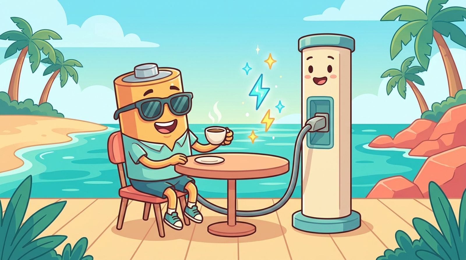 Cartoon battery in sunglasses sipping coffee at a waterfront cafe while plugged into a charging tower