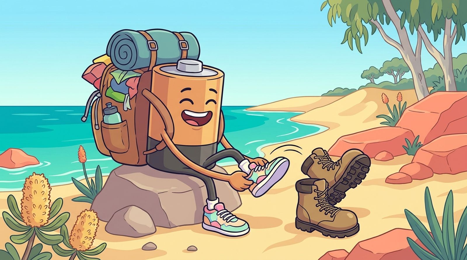 Cartoon battery hiker with a huge backpack swapping heavy boots for light sneakers on a beach