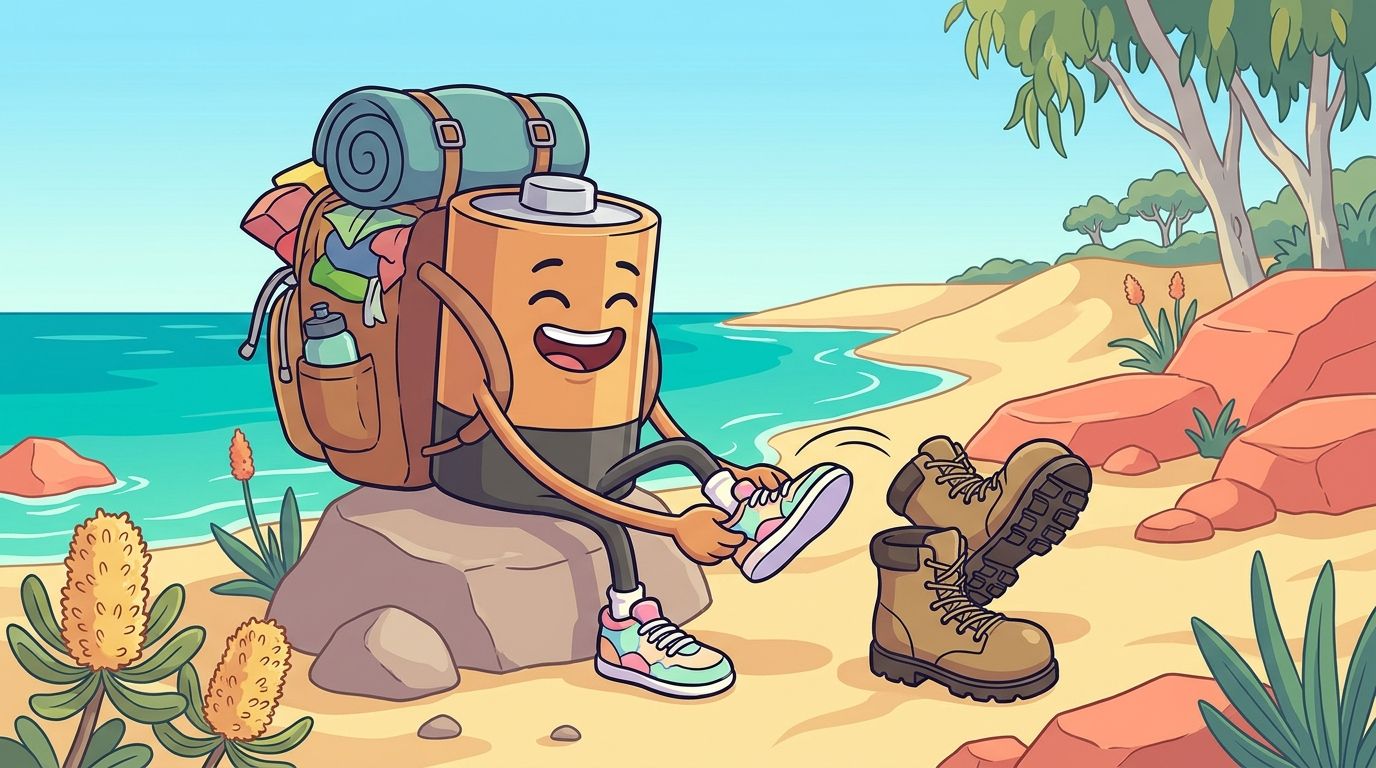 Cartoon battery hiker with a huge backpack swapping heavy boots for light sneakers on a beach