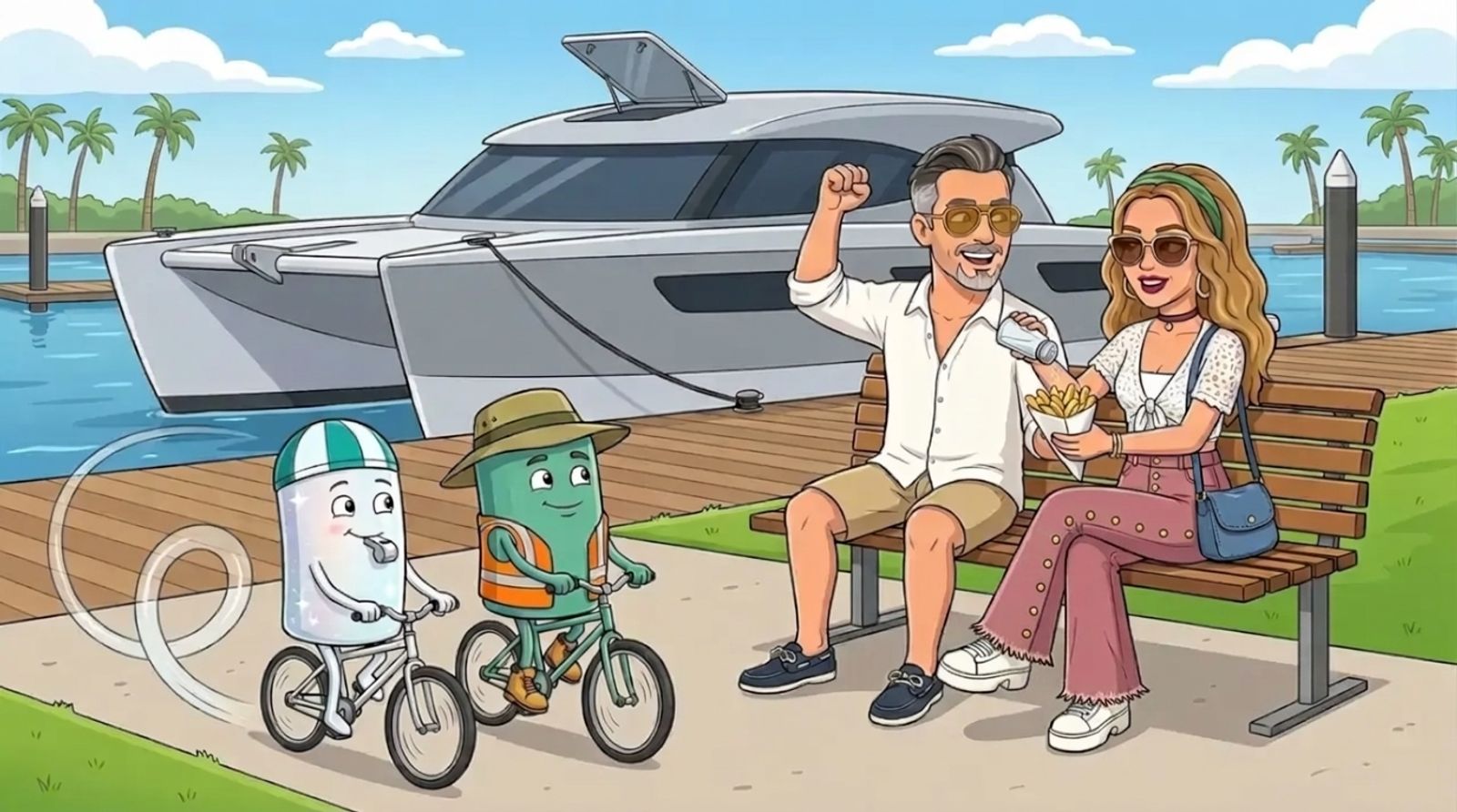 On a marina path, the salt-white and sea-green batteries ride bicycles side by side with swirls showing many laps, while DJ and Jason share salted hot chips on a park bench, with the grey-and-white Cat Cruiser catamaran moored at a pontoon behind