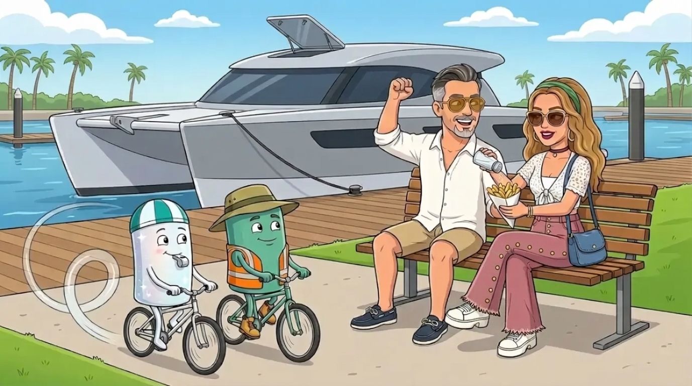 On a marina path, the salt-white and sea-green batteries ride bicycles side by side with swirls showing many laps, while DJ and Jason share salted hot chips on a park bench, with the grey-and-white Cat Cruiser catamaran moored at a pontoon behind