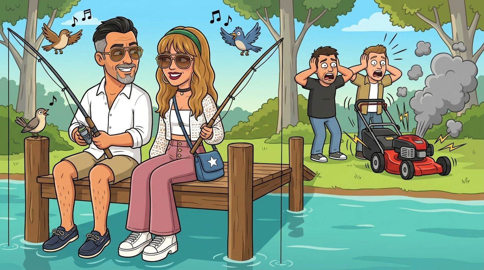 Split-scene cartoon of Jason and his co-host DJ chatting and laughing while fishing off a quiet jetty with birds singing, next to two mates covering their ears beside a roaring, smoky lawnmower