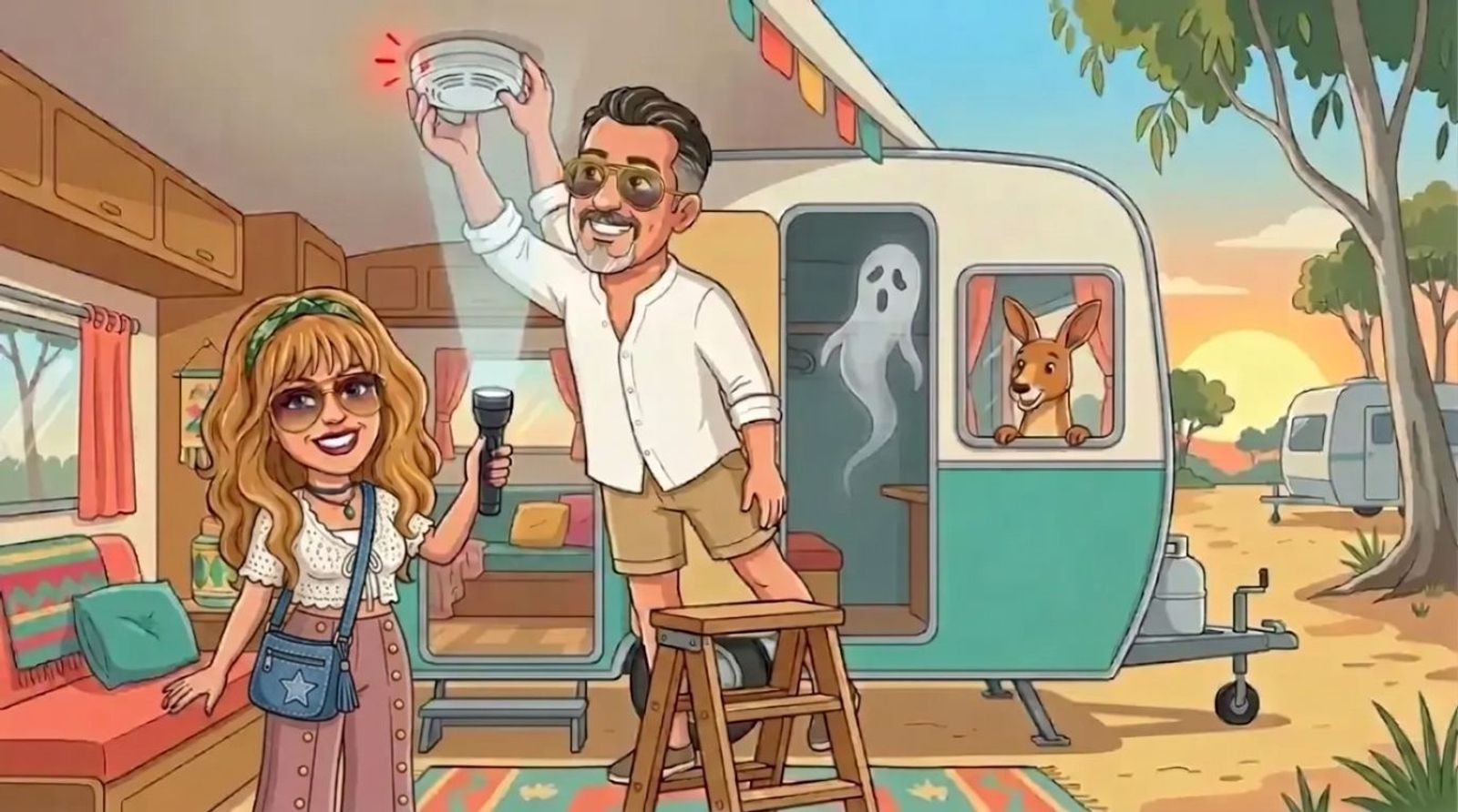 Jason, a cartoon man with slicked-back dark hair, grey goatee and gold aviators in a white linen shirt, standing on a step fitting a round alarm to the ceiling of a vintage caravan at dusk while DJ, a cartoon woman with long wavy honey-blonde hair, a green bandana and aviator sunglasses in a white crochet cardigan and dusty-pink jeans holds up a torch, a faint grey wisp drifts in the doorway and a kangaroo peeks through the window