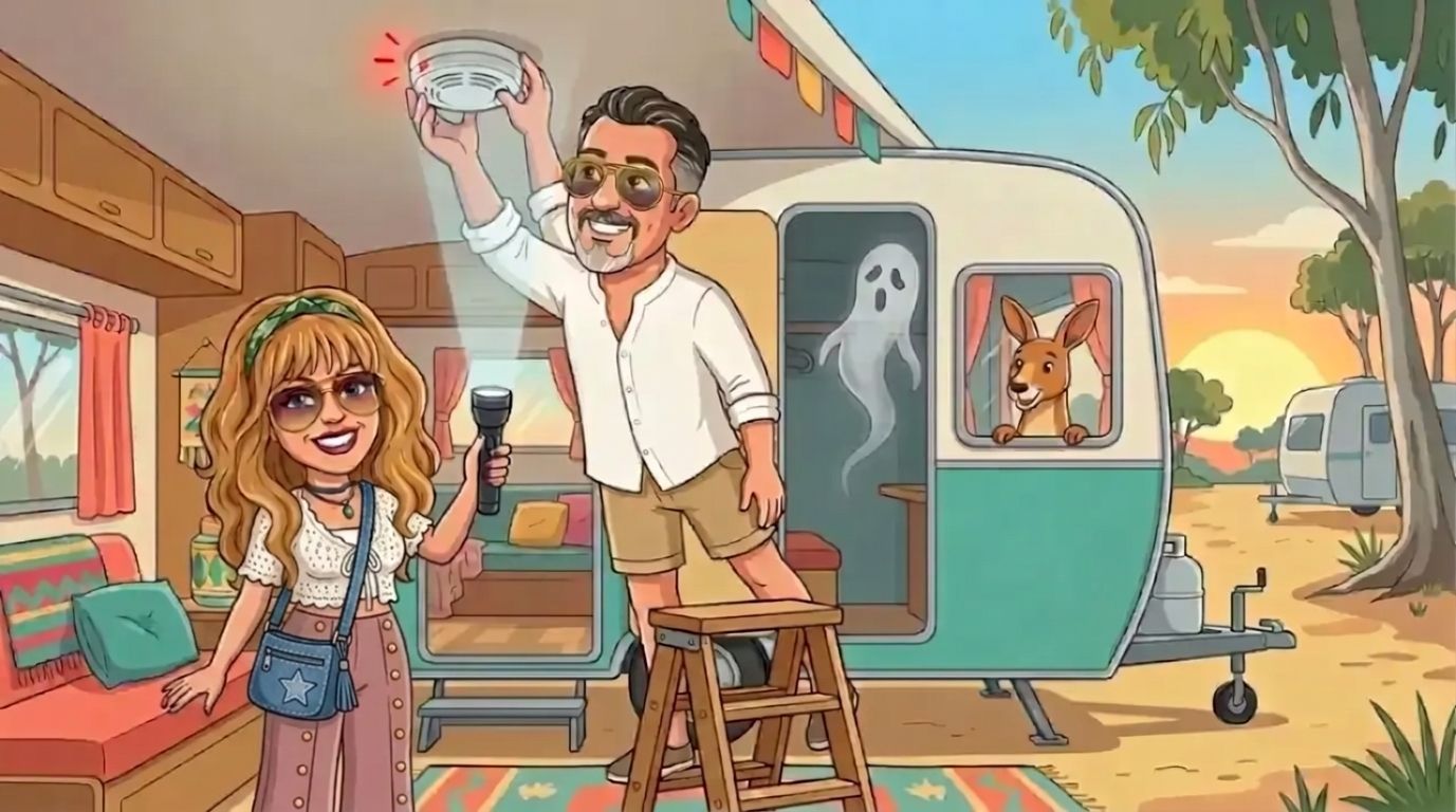 Jason, a cartoon man with slicked-back dark hair, grey goatee and gold aviators in a white linen shirt, standing on a step fitting a round alarm to the ceiling of a vintage caravan at dusk while DJ, a cartoon woman with long wavy honey-blonde hair, a green bandana and aviator sunglasses in a white crochet cardigan and dusty-pink jeans holds up a torch, a faint grey wisp drifts in the doorway and a kangaroo peeks through the window