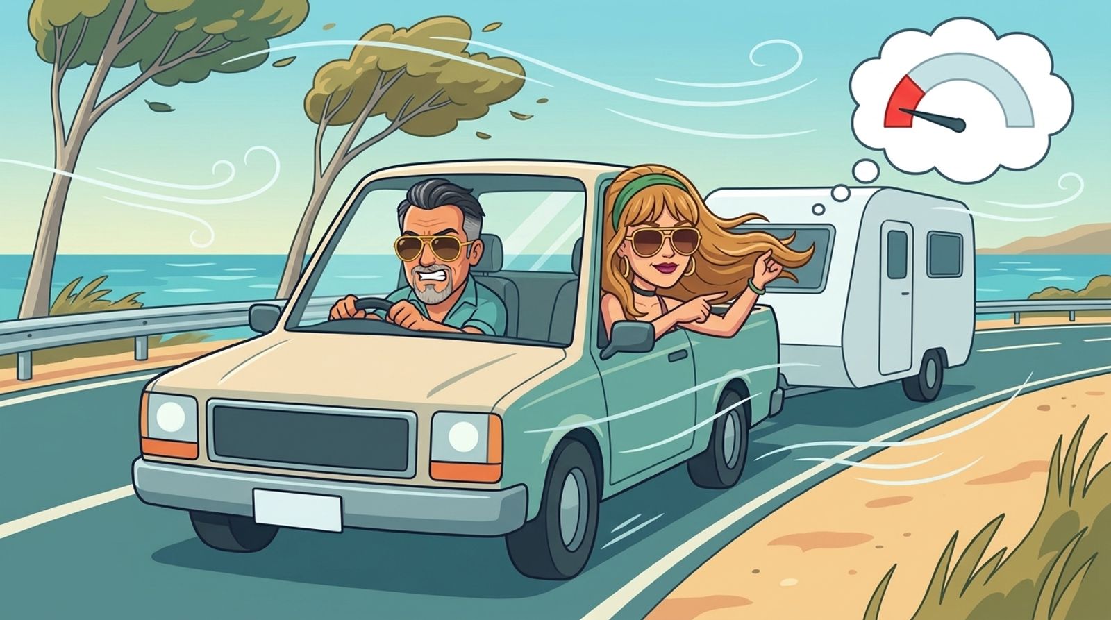 Cartoon of Jason driving a ute towing a caravan into a howling headwind on a Queensland coastal highway, grimacing, while his co-host DJ holds her hair and points at a thought bubble of a gauge dipping into the red