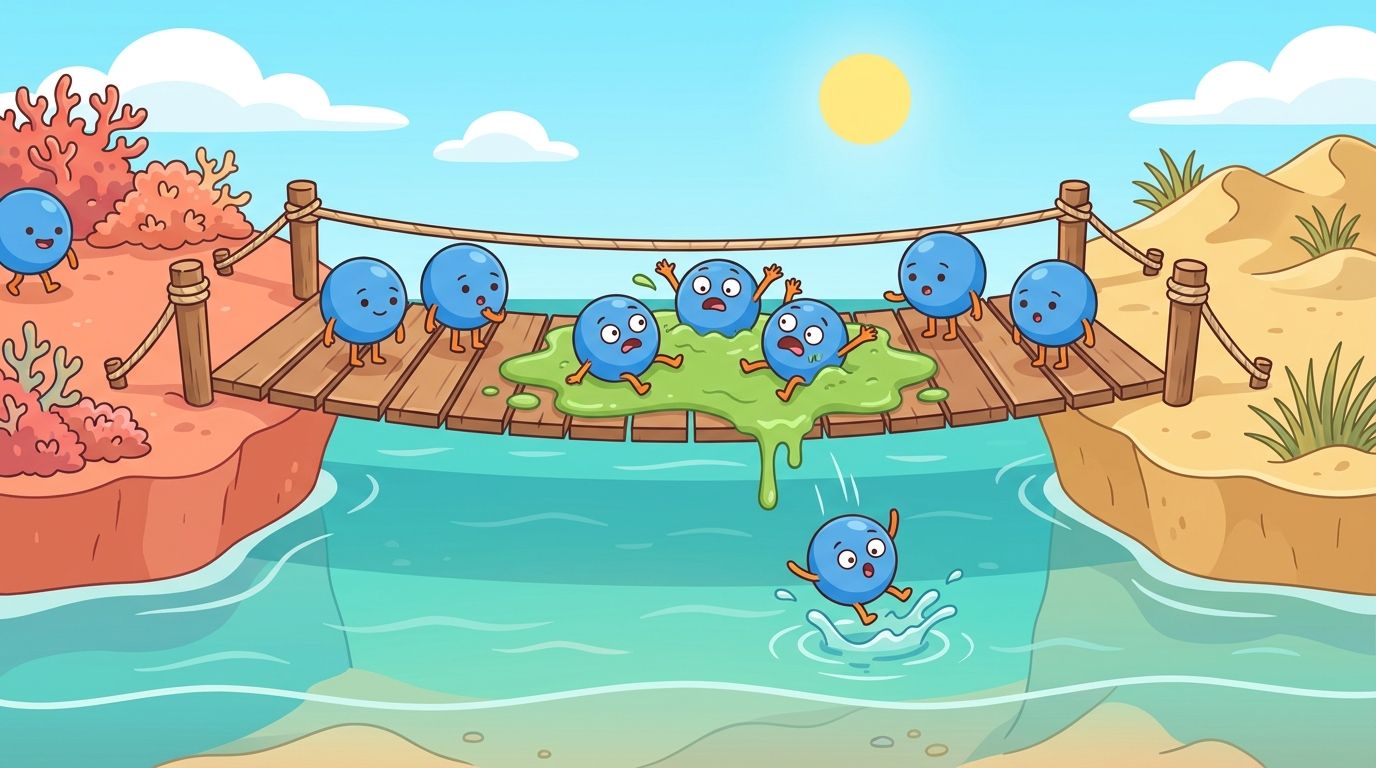 Cartoon of lithium-ion characters stuck in a puddle of green goo in the middle of a bridge, with one plopping off into the water