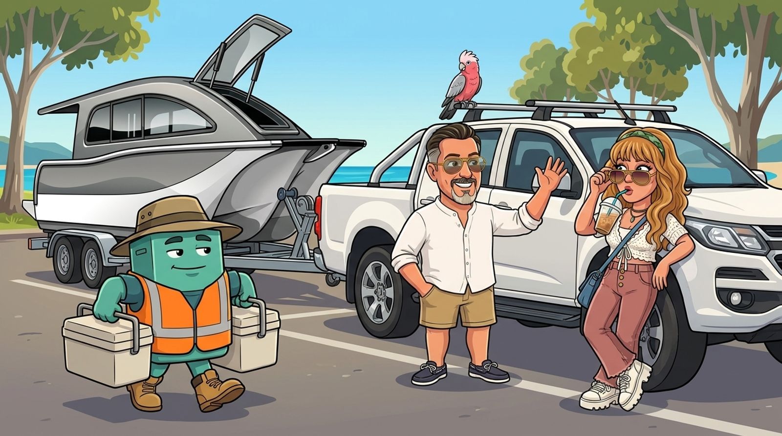 a sturdy sea-green workhorse battery in a hi-vis vest and bush hat calmly carries an esky on each shoulder past a plain white ute towing the grey-and-white Cat Cruiser catamaran on its trailer at a boat ramp car park, while DJ leans on the ute with an iced coffee and Jason offers a high five