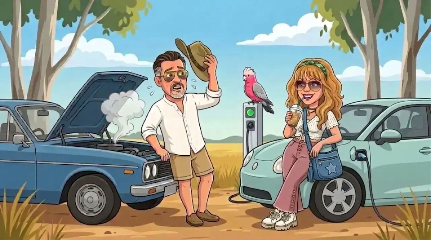 DJ, a cartoon woman with long wavy honey-blonde hair, a green bandana and aviator sunglasses in a white crochet cardigan and dusty-pink jeans sipping an iced coffee against a calmly charging electric car at a country rest stop, while Jason, a cartoon man with slicked-back dark hair, grey goatee and gold aviators in a white linen shirt fans a steaming old petrol car with his hat and a galah watches from the charger