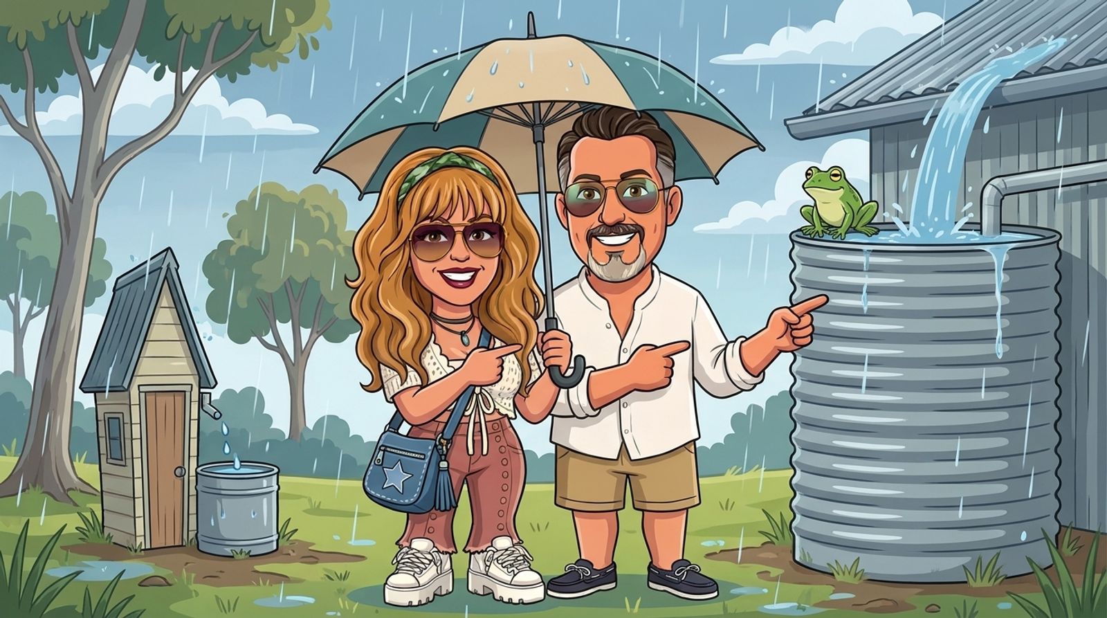Cartoon of Jason and his co-host DJ sharing an umbrella in the rain and pointing at a big flat-roofed shed filling a huge water tank with a frog on top, beside a tiny pointy-roofed shed dribbling into a small bucket