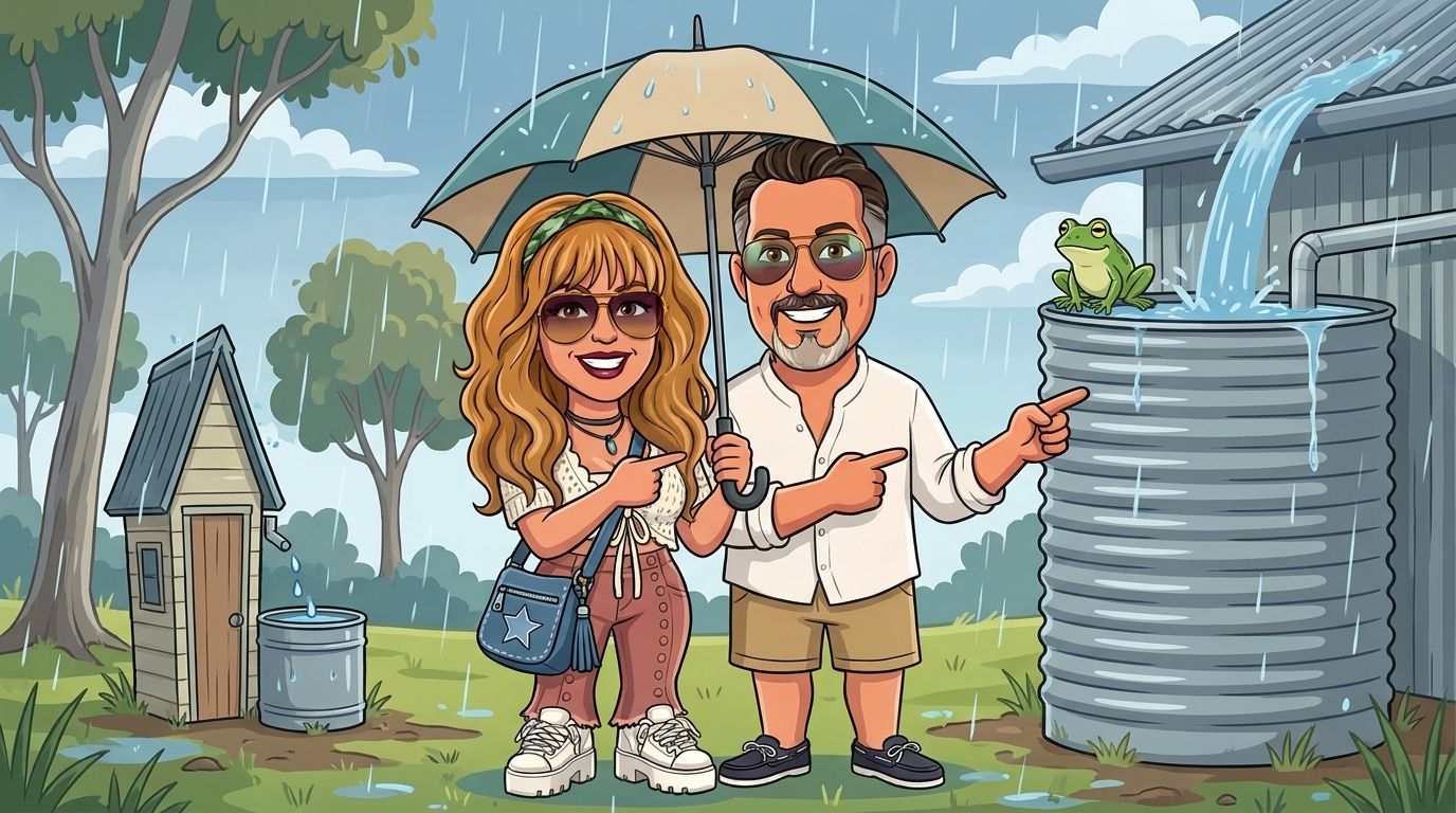 Cartoon of Jason and his co-host DJ sharing an umbrella in the rain and pointing at a big flat-roofed shed filling a huge water tank with a frog on top, beside a tiny pointy-roofed shed dribbling into a small bucket