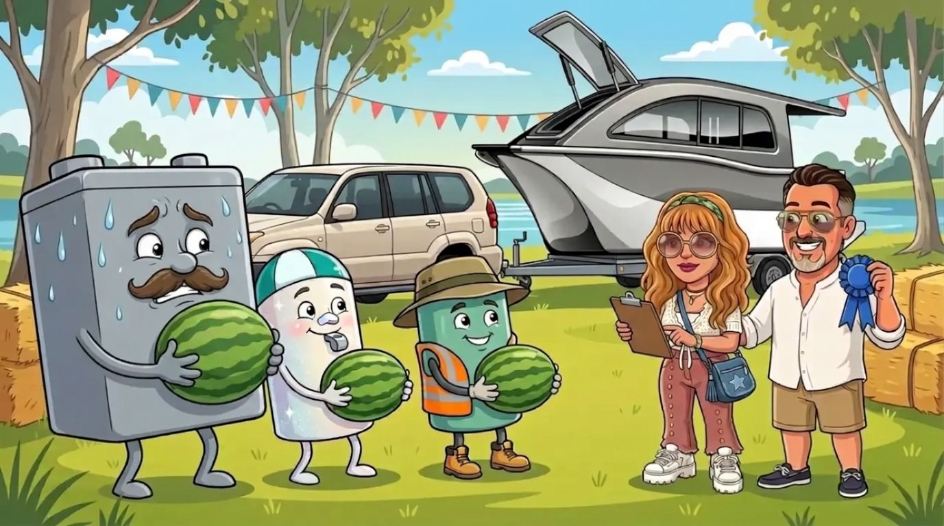 At a country show, a huge grey moustached battery strains under a watermelon while the salt-white battery carries its watermelon comfortably and the slightly smaller sea-green battery carries its own, as DJ holds a clipboard, Jason holds a rosette and a 4WD with the grey-and-white Cat Cruiser catamaran on its trailer sits behind
