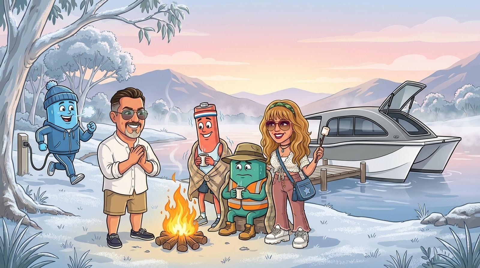 At a frosty lakeside campsite, the sky-blue battery jogs on the spot while charging, the coral-red and sea-green batteries shiver in blankets by the campfire, DJ toasts a marshmallow and Jason warms his hands, with the grey-and-white Cat Cruiser catamaran moored at the jetty