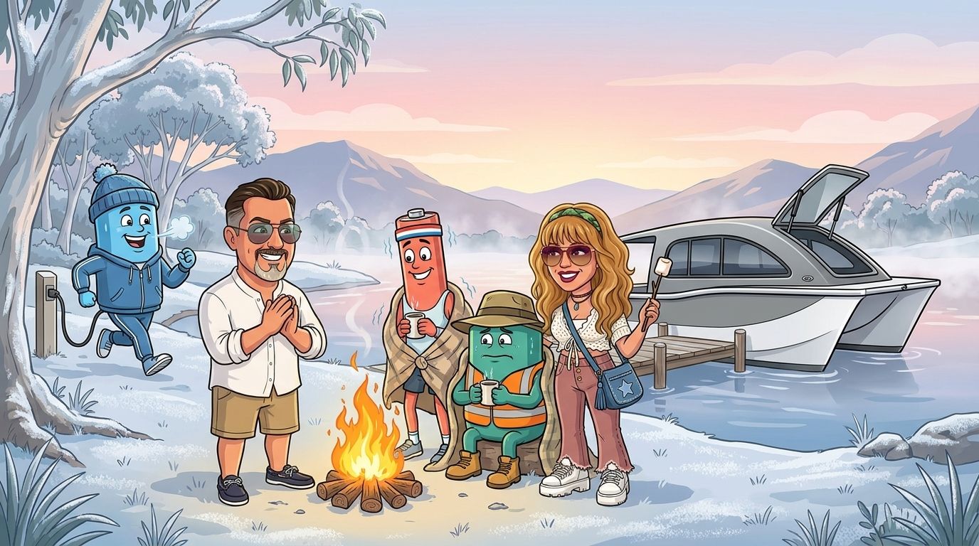 At a frosty lakeside campsite, the sky-blue battery jogs on the spot while charging, the coral-red and sea-green batteries shiver in blankets by the campfire, DJ toasts a marshmallow and Jason warms his hands, with the grey-and-white Cat Cruiser catamaran moored at the jetty