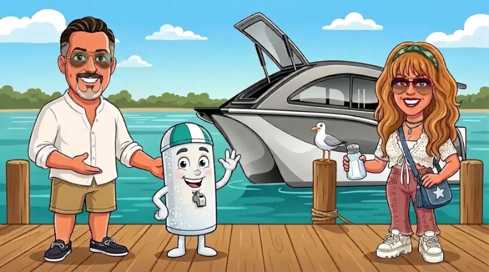 On a sunny marina jetty, Jason, a cartoon man with slicked-back dark hair, a grey goatee and gold aviators in a white linen shirt introduces a cheerful pearly salt-white battery character in a teal-and-white swim cap with a lifeguard's whistle, while DJ, a cartoon woman with long wavy honey-blonde hair, a green headband and big sunglasses in a white crochet top and dusty-pink wide-leg jeans holds up a salt shaker to compare, with the grey-and-white Cat Cruiser catamaran moored right behind them and a seagull on a pylon