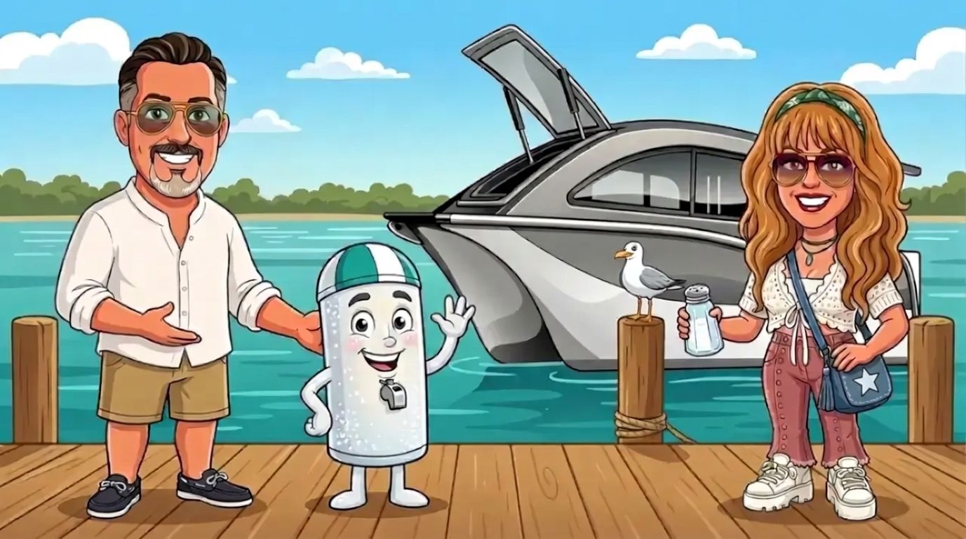 On a sunny marina jetty, Jason, a cartoon man with slicked-back dark hair, a grey goatee and gold aviators in a white linen shirt introduces a cheerful pearly salt-white battery character in a teal-and-white swim cap with a lifeguard's whistle, while DJ, a cartoon woman with long wavy honey-blonde hair, a green headband and big sunglasses in a white crochet top and dusty-pink wide-leg jeans holds up a salt shaker to compare, with the grey-and-white Cat Cruiser catamaran moored right behind them and a seagull on a pylon
