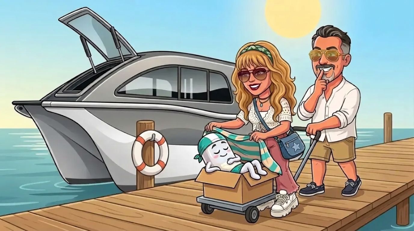 On a marina jetty, the salt-white battery naps in a plain cardboard box on a hand trolley while DJ tucks a striped towel over it and Jason pushes the trolley with a finger to his lips, with the grey-and-white Cat Cruiser catamaran moored alongside