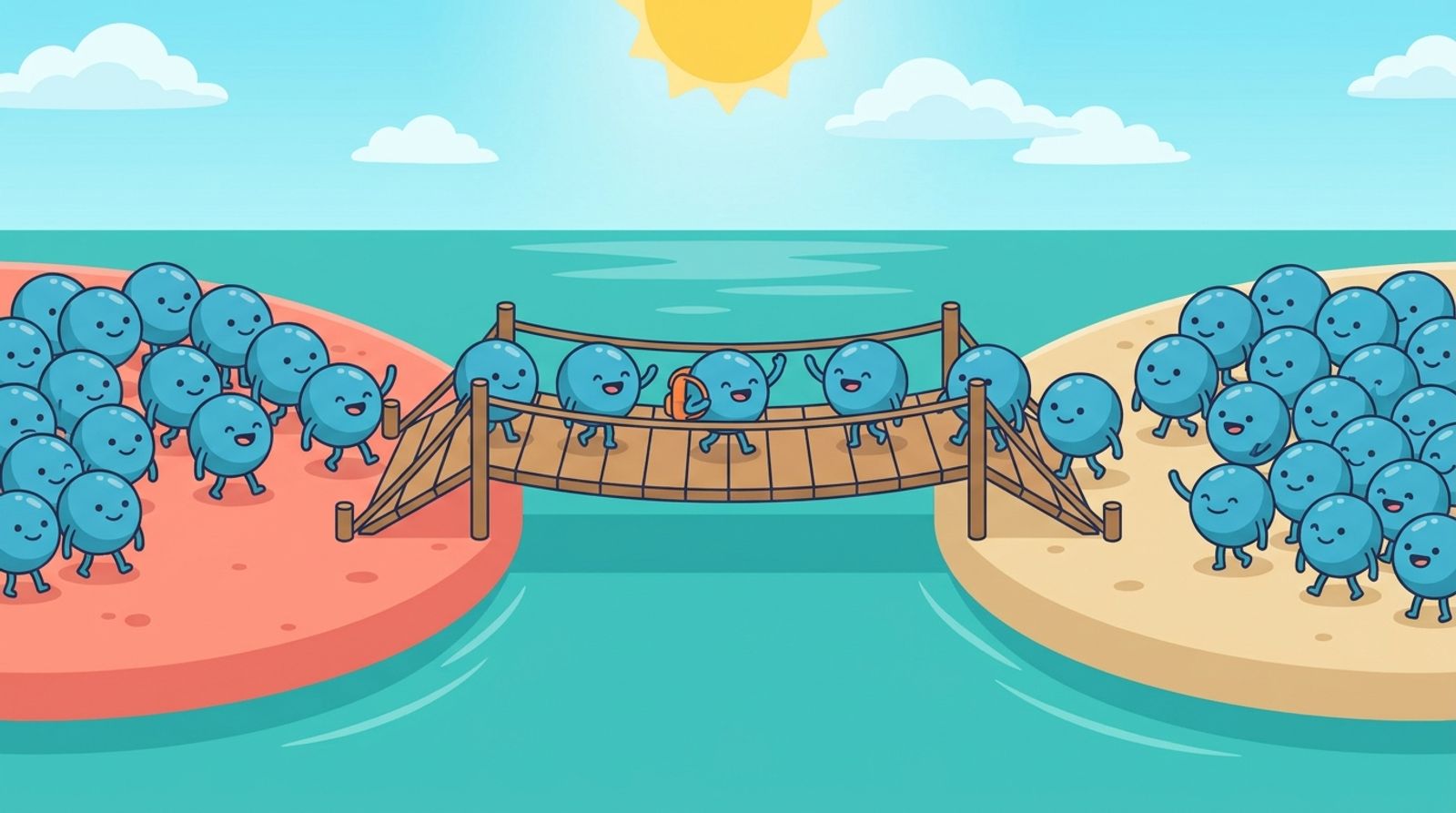 Cartoon of little round smiling lithium-ion characters happily walking both ways across a wooden bridge between a coral island and a sand island