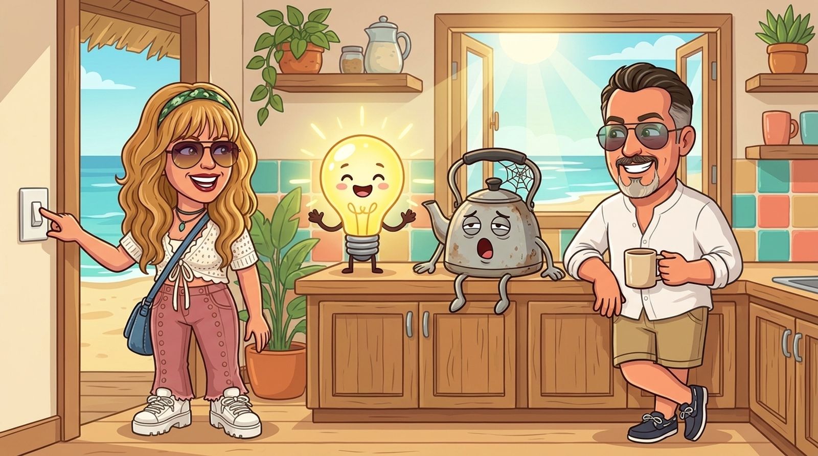 Cartoon of Jason's co-host DJ flicking a switch in a beach-house kitchen so a beaming light bulb glows instantly, while Jason waits with a mug beside a yawning old kettle with a cobweb on its handle