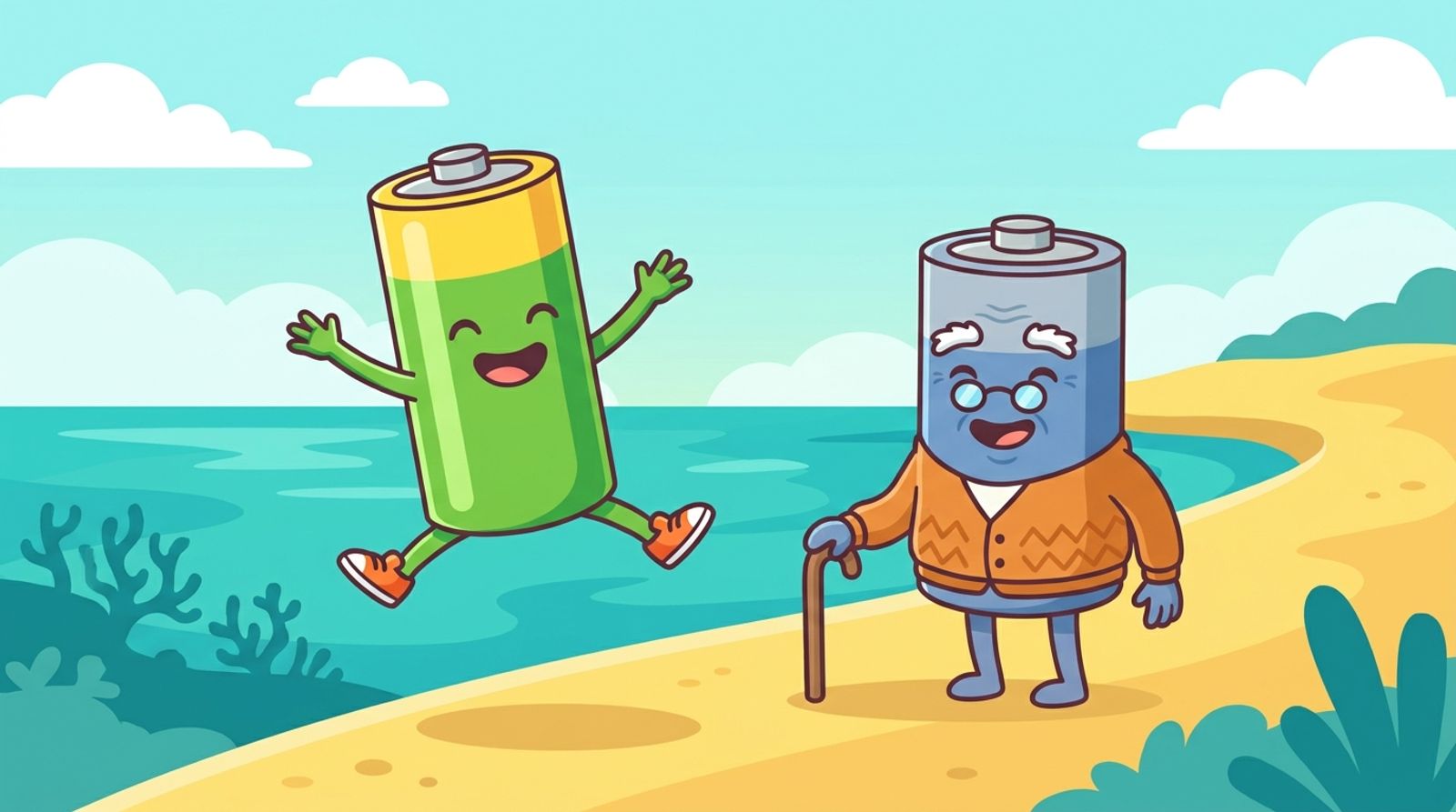Cartoon of a young battery character doing a star jump beside an old battery character in a cardigan and glasses leaning on a walking stick