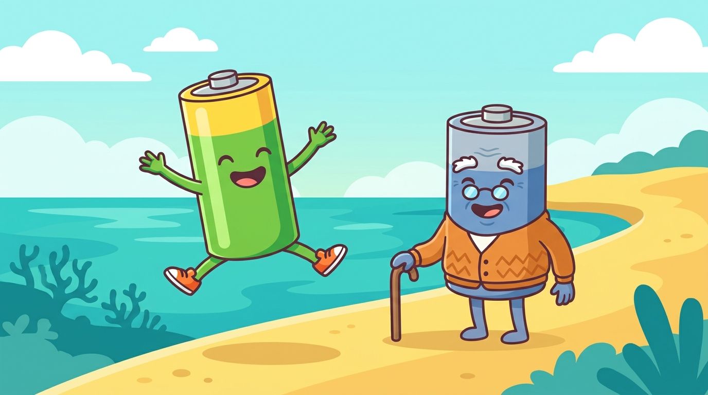 Cartoon of a young battery character doing a star jump beside an old battery character in a cardigan and glasses leaning on a walking stick