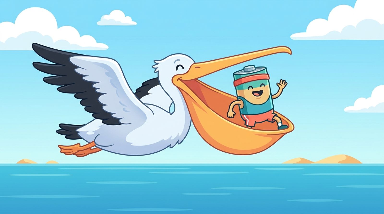 Cartoon pelican carrying a sprinter battery in its beak across the ocean