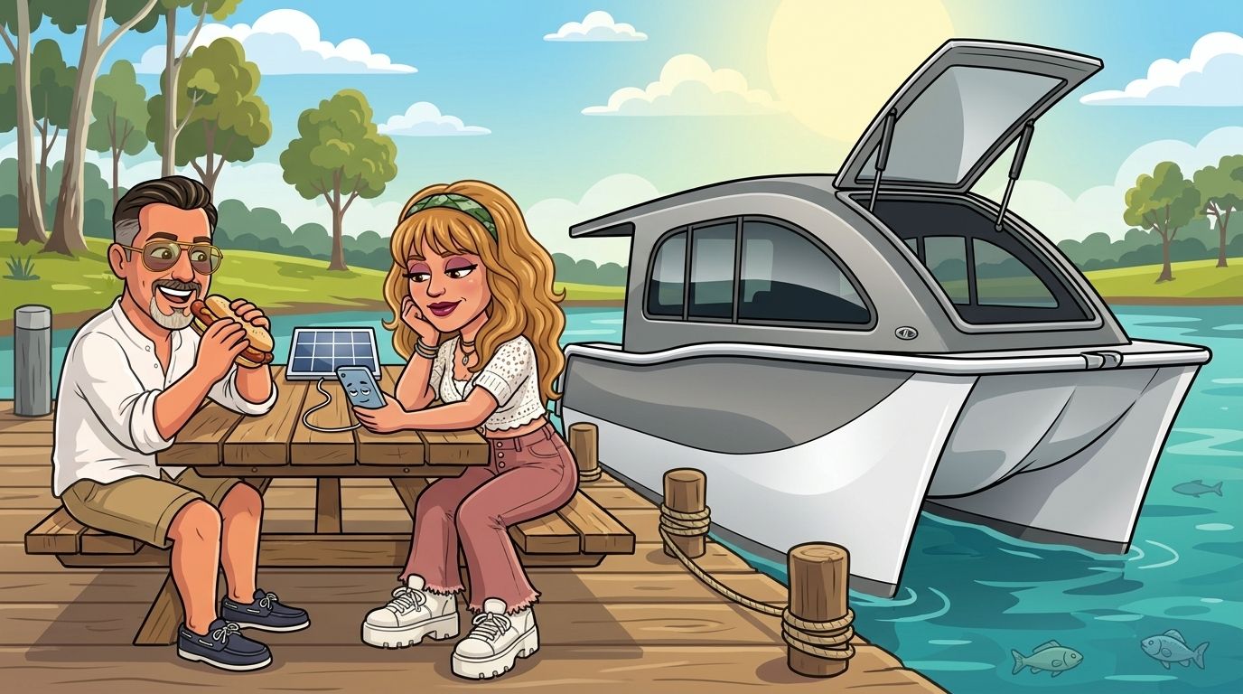 Cartoon of Jason happily eating a sausage sandwich at a picnic table on a marina pontoon beside the Cat Cruiser catamaran, while his co-host DJ peers at a sleepy phone charging slowly from a small solar panel