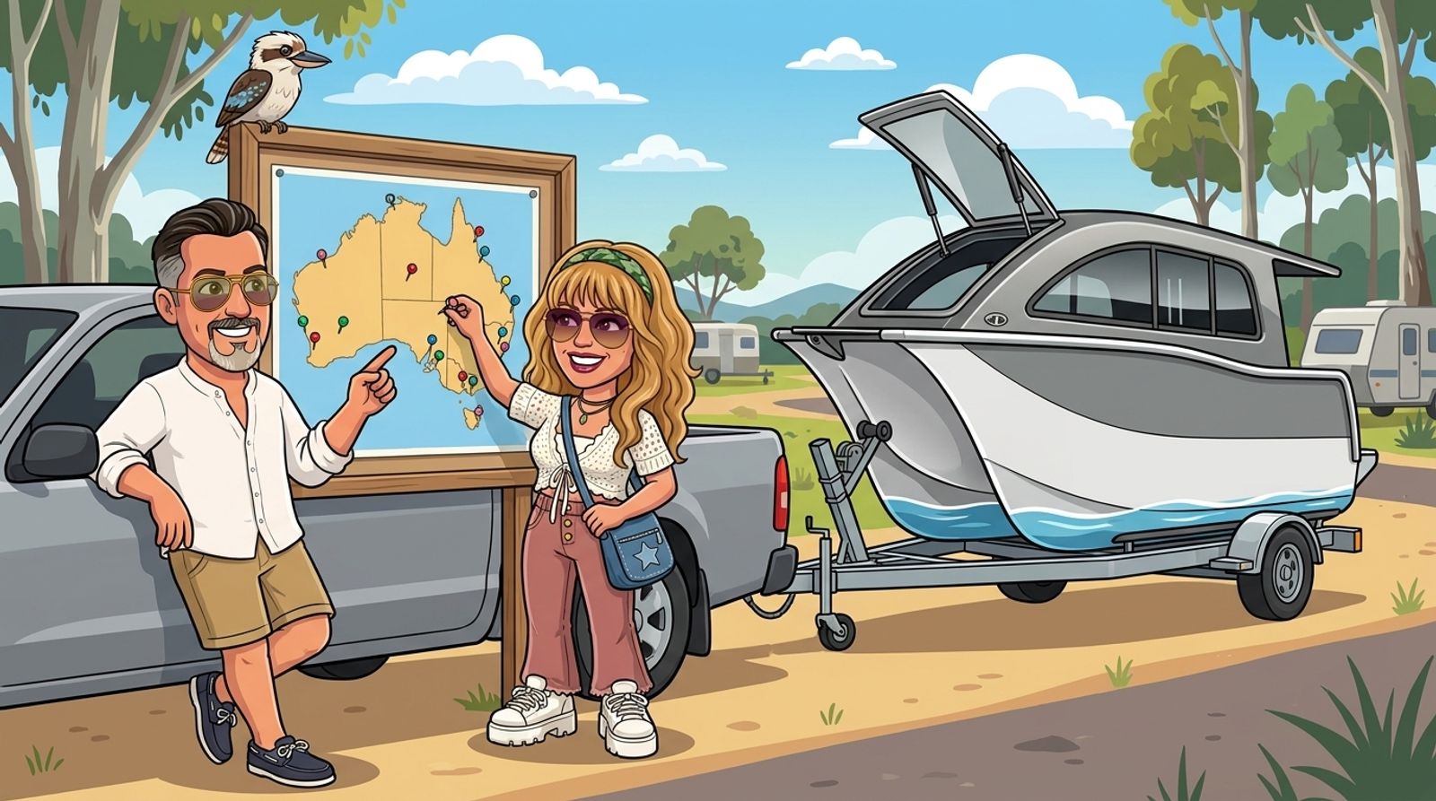 Cartoon of Jason's co-host DJ pushing one more pin into a map of Australia on a caravan-park noticeboard while Jason leans on a ute towing the Cat Cruiser catamaran on its trailer, and a kookaburra sits on top