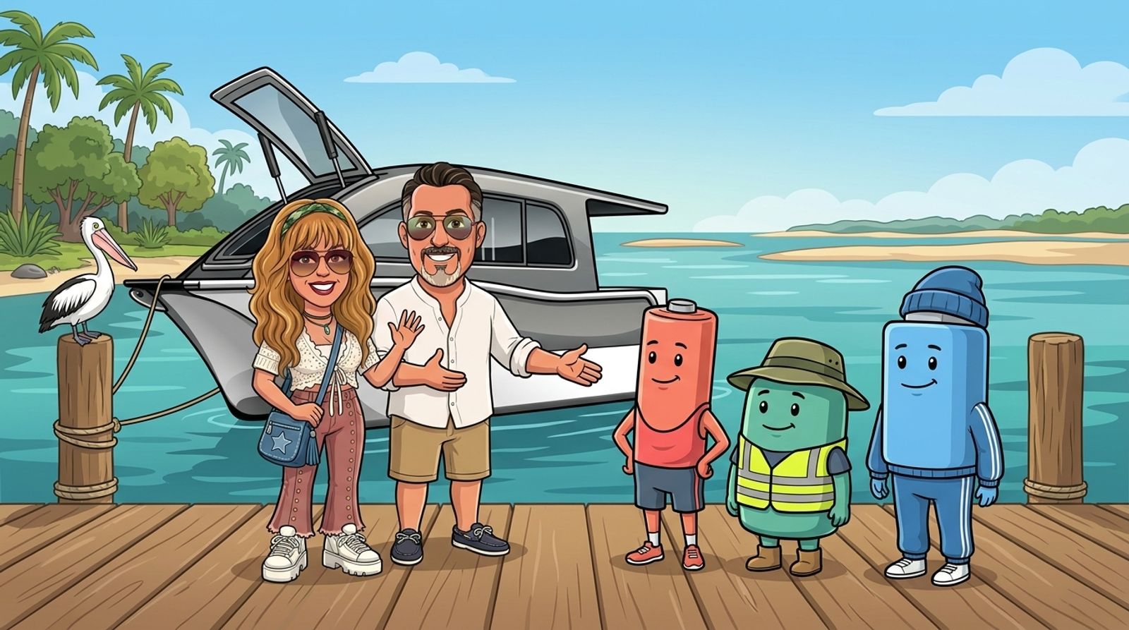 DJ, a cartoon woman with long wavy honey-blonde hair, a green headband and big sunglasses in a white crochet top and dusty-pink wide-leg jeans presents three cartoon battery characters on a sunny marina jetty like game-show contestants: a slim coral-red sprinter battery, a sturdy sea-green workhorse battery in a hi-vis vest and bush hat and a big sky-blue battery in a beanie and tracksuit, while Jason, a cartoon man with slicked-back dark hair, a grey goatee and gold aviators in a white linen shirt waves and the grey-and-white Cat Cruiser catamaran is moored right behind them